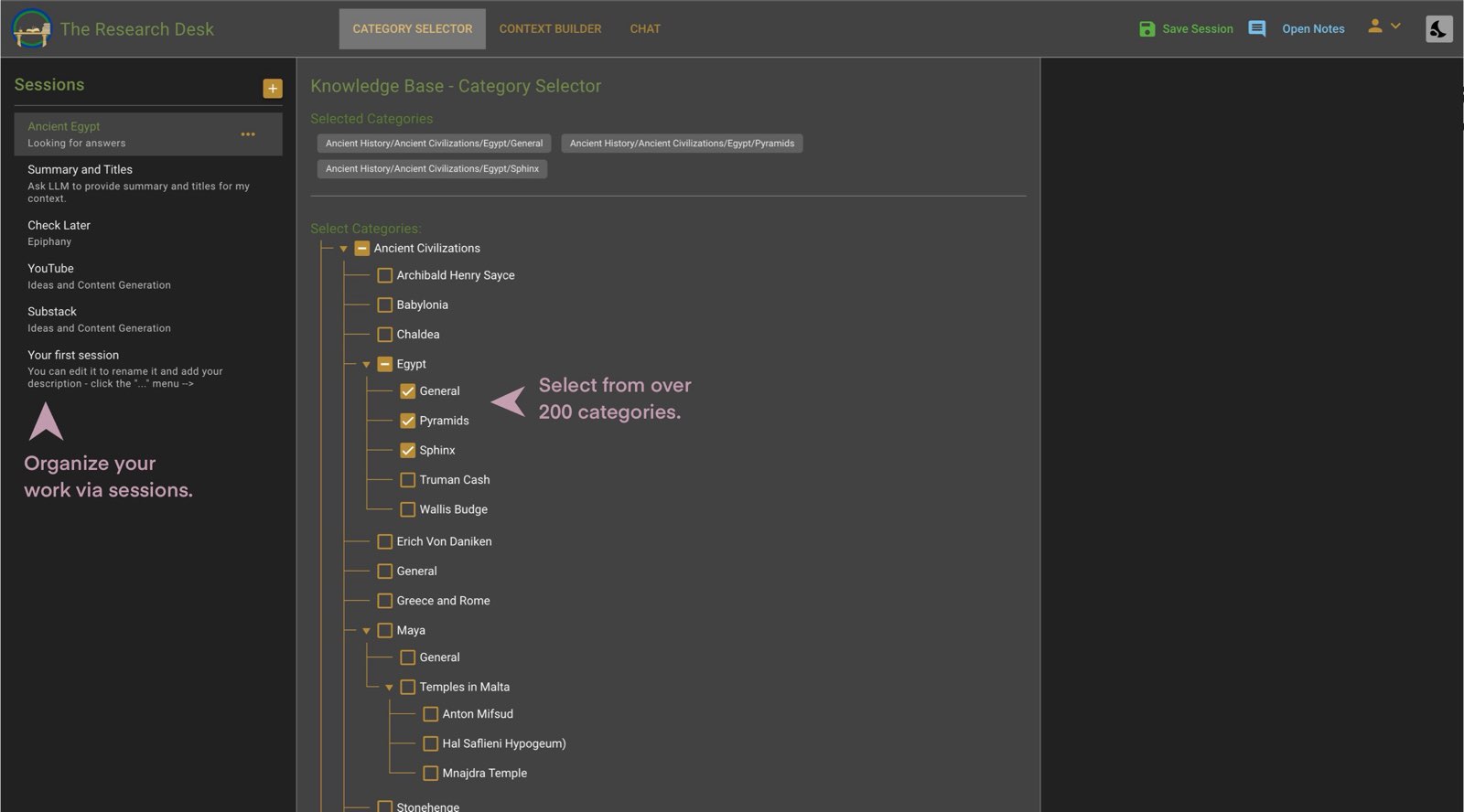 Research Desk Category Selector Interface